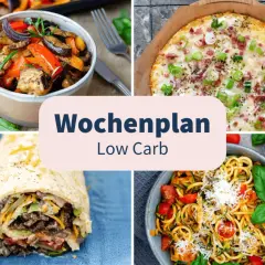 Wochenplan mit leckeren low carb rezepten: Gemüsepfanne, herzhafte Quiche, Wrap und Zucchini-Nudeln.