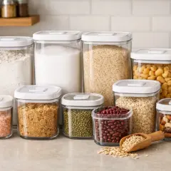 Verschiedene Behälter zur Aufbewahrung von Lebensmitteln, darunter Mehl, Zucker, Reis, Nüsse und Hülsenfrüchte. Perfekt, um trockene Zutaten frisch zu halten.