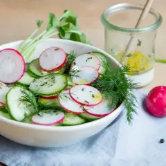 Frischer gurke radieschen salat mit Dill und einer leichten Vinaigrette, bereit zum Genießen.