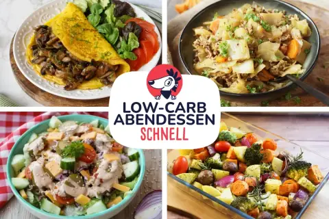 Vier leckere Ideen für ein schnelles low carb Abendessen: Omelett mit Pilzen, Kohlpfanne, Salat und Ofengemüse.