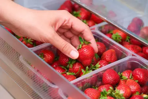 Hand wählt eine saftige Erdbeere aus einer Plastikschale. So lagert man Erdbeeren am besten, um sie frisch zu halten.