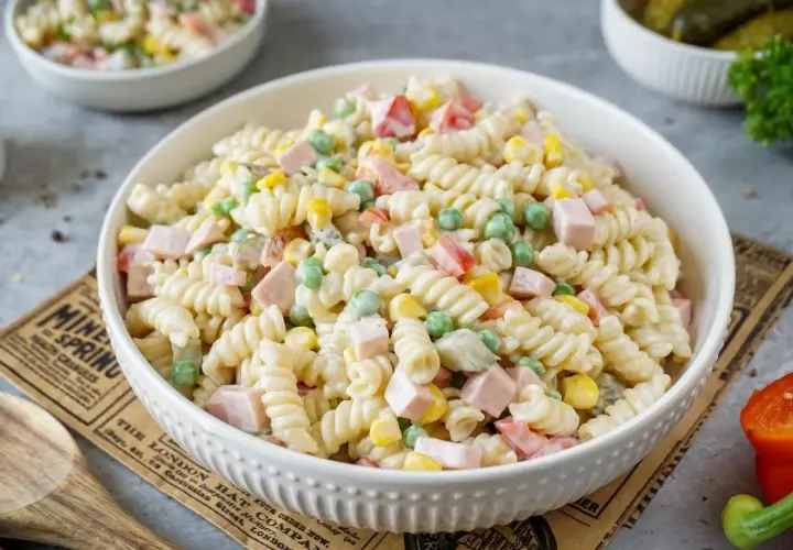 Herzhafte Nudelsalate mit Mayonnaise, gefüllt mit Erbsen, Mais und Schinkenwürfeln. Perfekt für ein schnelles Mittagessen.