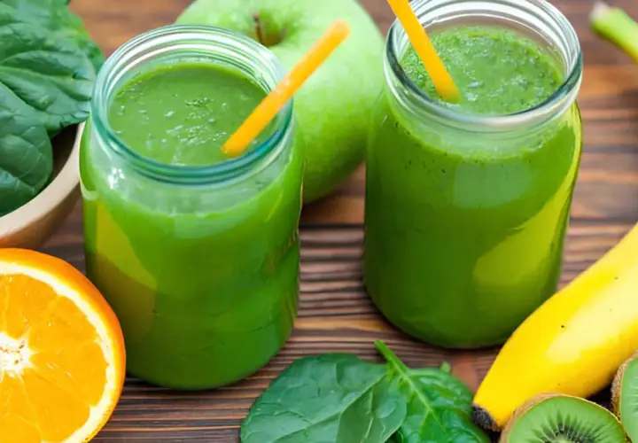 Zwei Gläser grüner Smoothie, ein ideales green drink rezept, mit Spinat, Apfel, Orange, Banane und Kiwi.