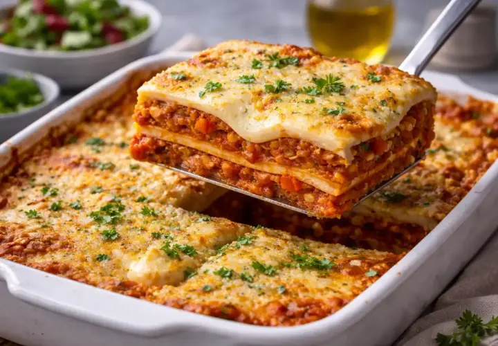 Eine Portion köstliche vegane Lasagne mit Gemüse wird aus einer Auflaufform gehoben. Sie ist mit geschmolzenem Käse und Petersilie bestreut.