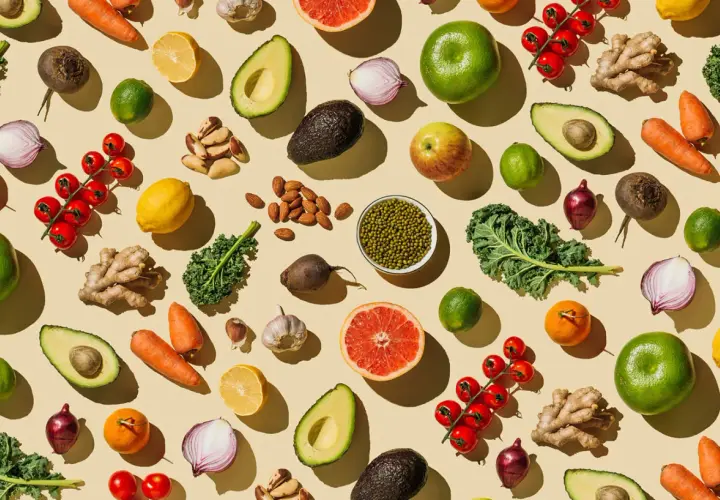 Bunte Vielfalt: Avocados, Karotten, Zitrusfrüchte, Nüsse und grünes Blattgemüse – ideal für eine gesunde Ernährung während der Schwangerschaft.