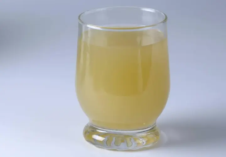 Ein Glas mit hellem, trübem Saft, der an Sauerkrautsaft erinnert und gut für die Darmflora sein soll.