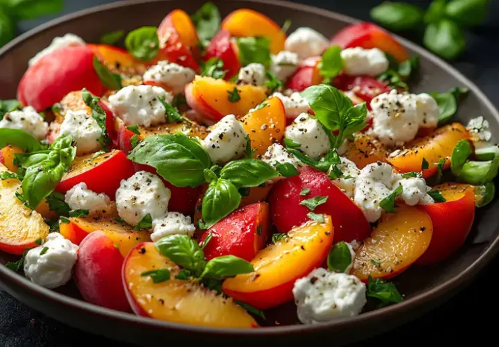 Pfirsich-Mozzarella-Salat mit Basilikum und Pfeffer auf einem Teller.