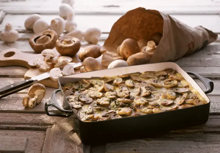Frisch zubereiteter low carb champignon-auflauf in einer Auflaufform, umgeben von frischen Champignons.