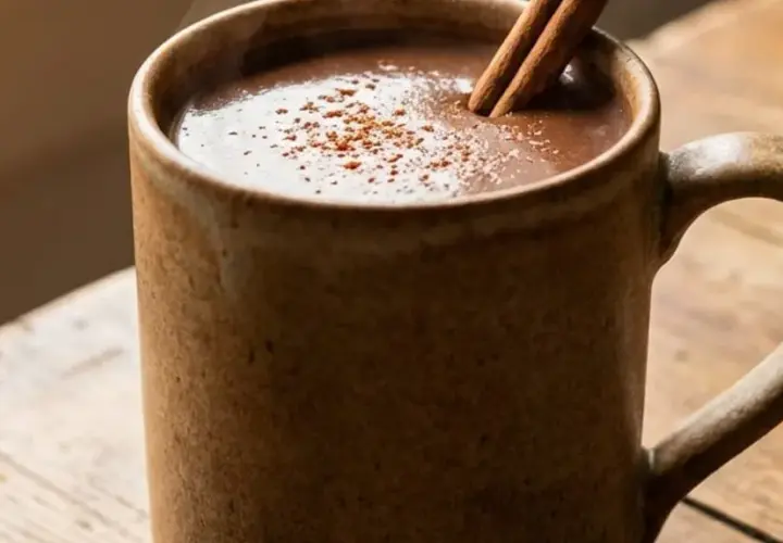 Eine dampfende Tasse vegane heiße Schokolade mit Zimtstange und Kakaopulver auf einem Holztisch.