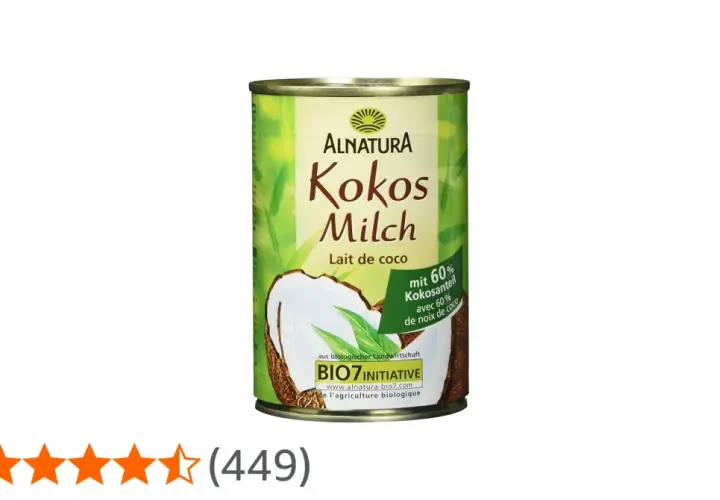 Alnatura Kokosmilch: Ja, ist kokosmilch vegan. Die Dose zeigt eine Kokosnuss und Blätter.