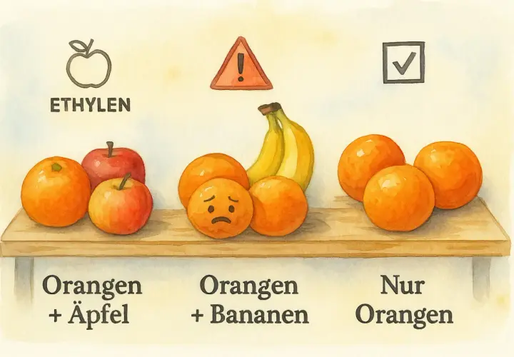 So lagern Sie Apfelsinen richtig: Äpfel und Ethylen neben Orangen vermeiden. Bananen machen Orangen traurig. Nur Orangen sind glücklich.