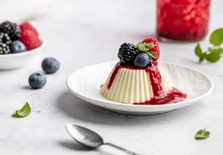 Vegane Panna Cotta mit Beerensoße und frischen Beeren, ein leichter Genuss.