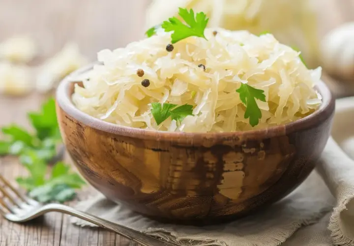 Schüssel mit Sauerkraut, garniert mit Petersilie und Pfefferkörnern. Ein gesundes Gericht, das die Verdauung fördert.