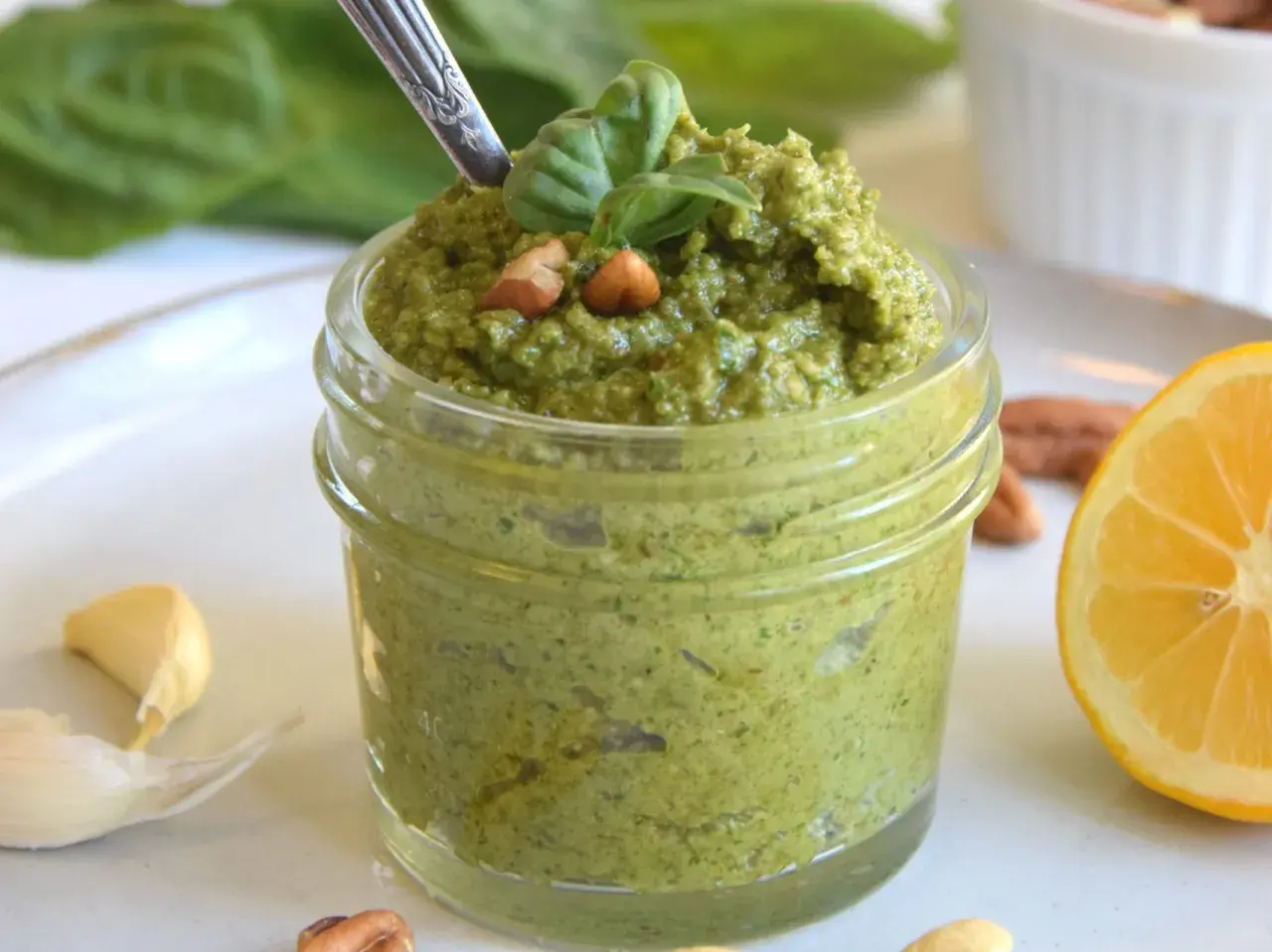 Frisches grünes Pesto in einem Glas, garniert mit Basilikum und Nüssen, daneben Knoblauch und Zitrone.