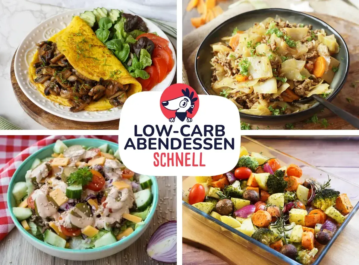 Vier leckere Ideen für ein schnelles low carb Abendessen: Omelett mit Pilzen, Kohlpfanne, Salat und Ofengemüse.
