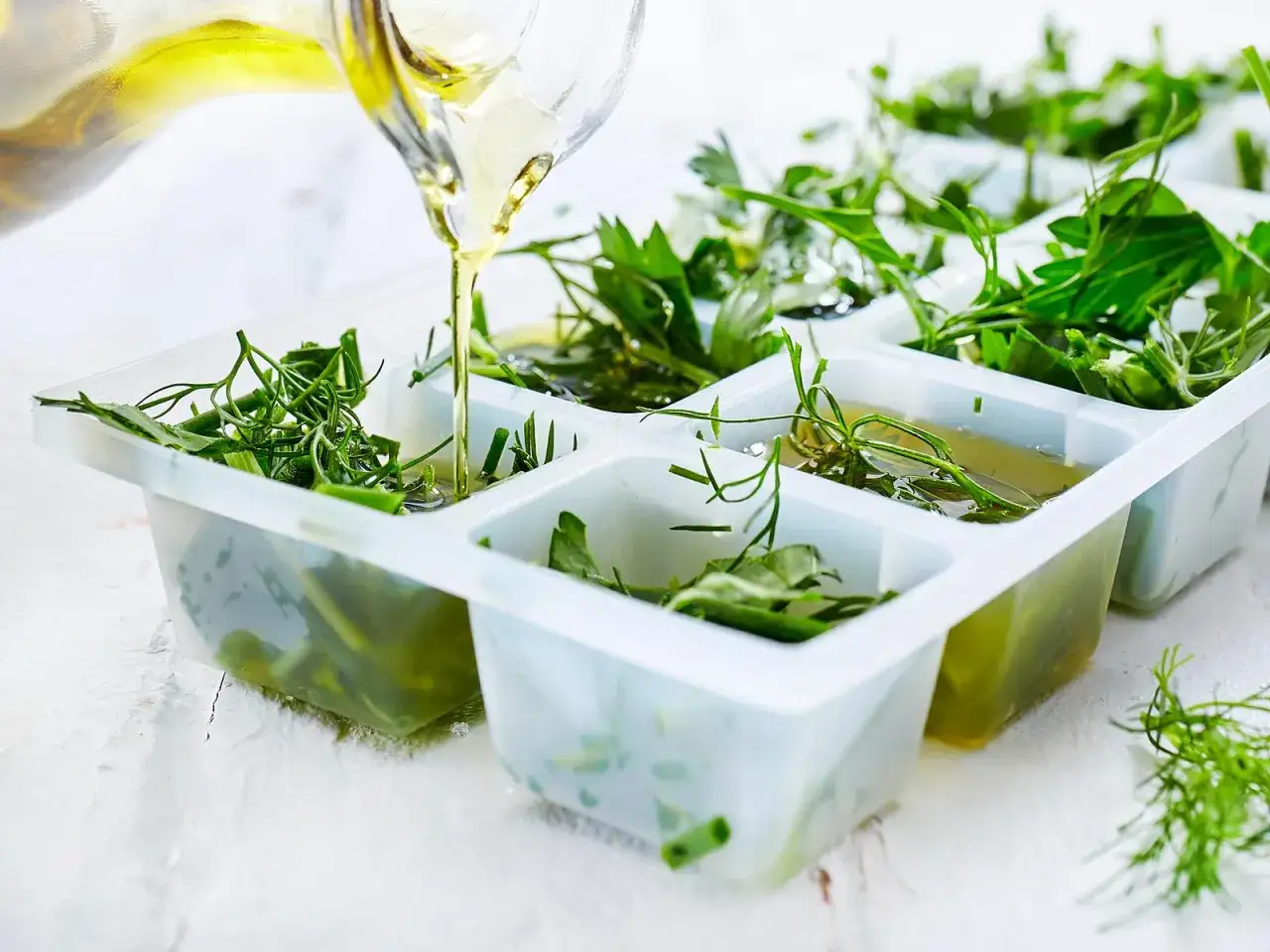 Frische Kräuter, wie Dill, werden in Eiswürfelformen mit Öl gefüllt, um sie haltbar zu machen. So kann man sie später einfach zum Kochen verwenden.
