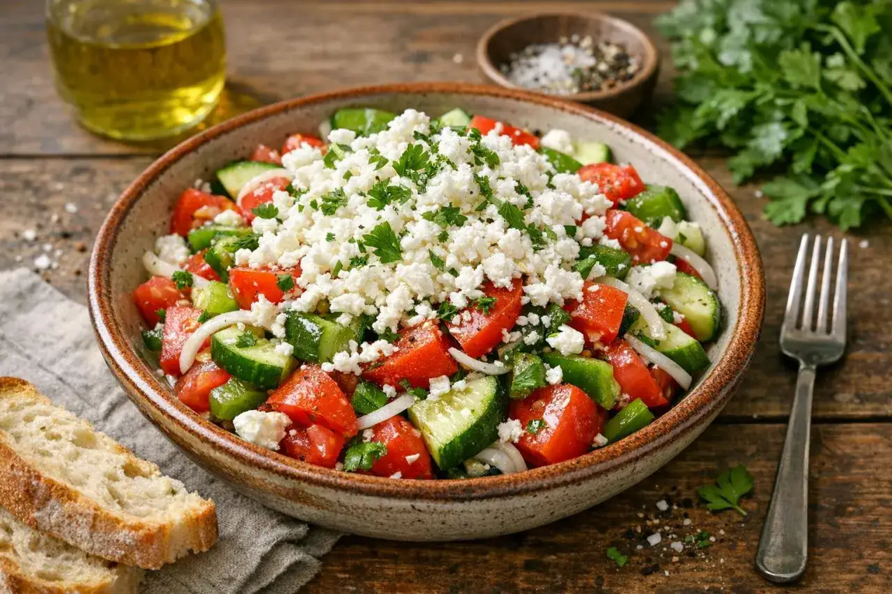 Frischer Schopska Salat mit Tomaten, Gurken, Paprika und viel Feta-Käse, garniert mit Petersilie. Dazu gibt es Brot.