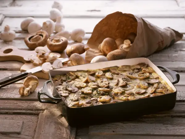 Frisch zubereiteter low carb champignon-auflauf in einer Auflaufform, umgeben von frischen Champignons.